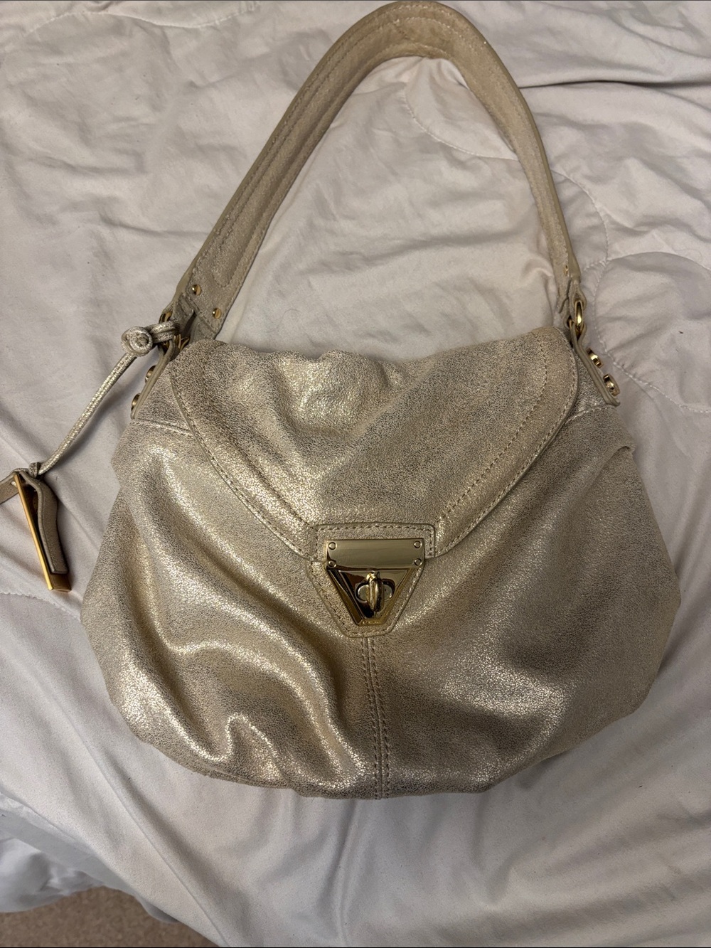 Metallic Gold Shoulder Bag with Turn-Lock Closure